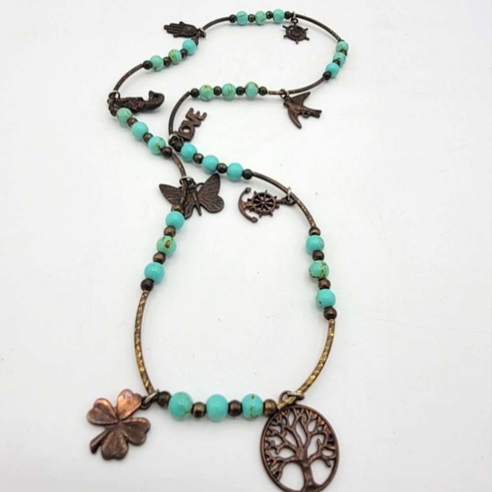 Charm Necklace faux Turquoise Brass Boho Nautical Stretch Vintage